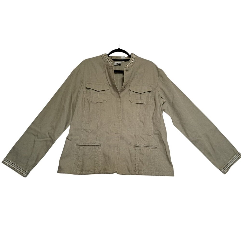 Chico's Utility Olive Green Beaded Cuff Jacket Women's Cotton Blend Open Front L